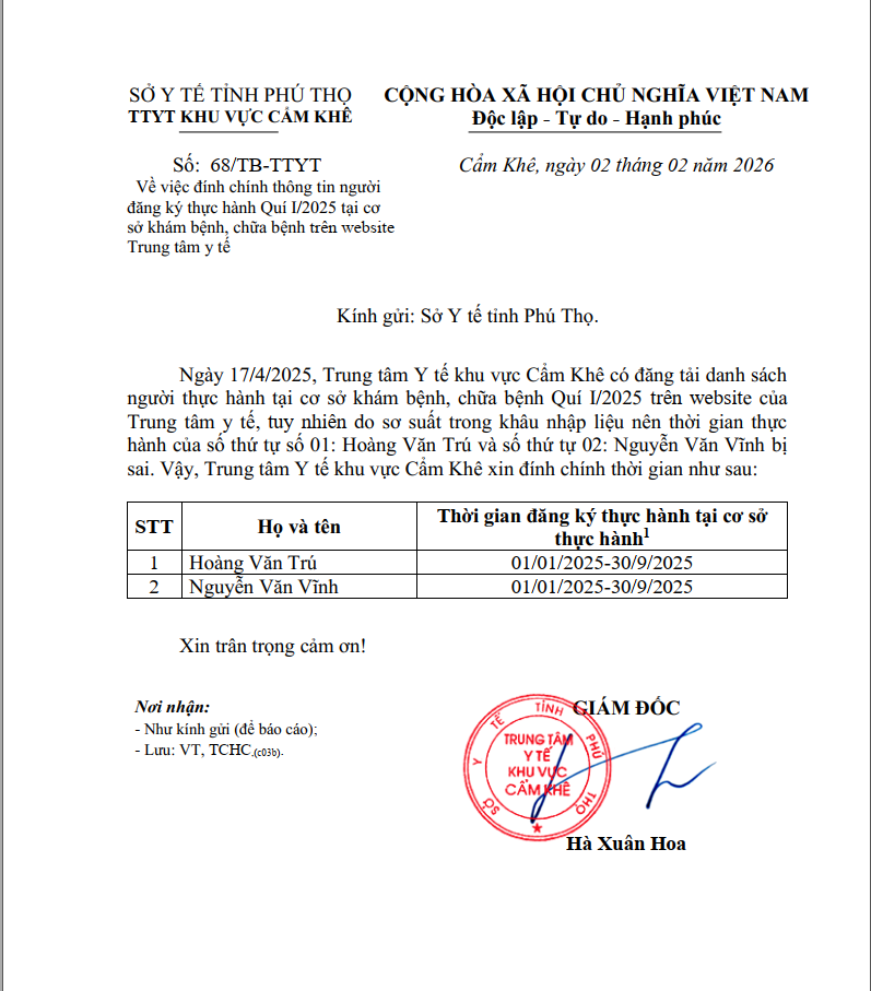 Đính chính thông tin Người đăng ký thực hành Quí I/2025